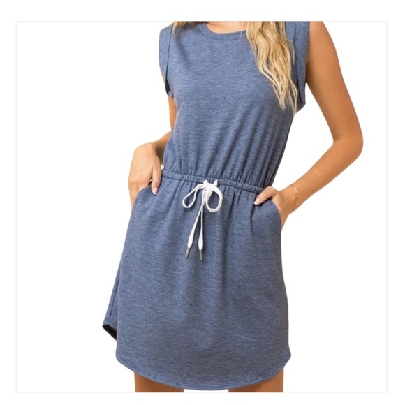 GILLI Drawstring Sleeveless Jersey Dress in Denim Blue Size Medium BNWT - Picture 2 of 6